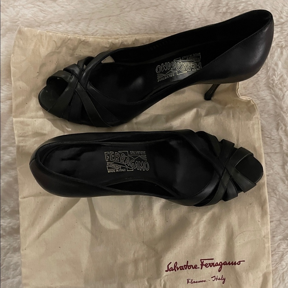 Salvatore Ferragamo Black Peep-Toe Heels - Picture 6 of 7